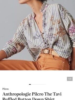 Pilcro Striped Cream Floral Ruffled Button-Down Shirt